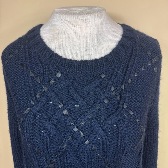 Parker Betsey Woven Leather Crewneck Cable Knit Sweater in Navy Blue Size Medium - Picture 6 of 9